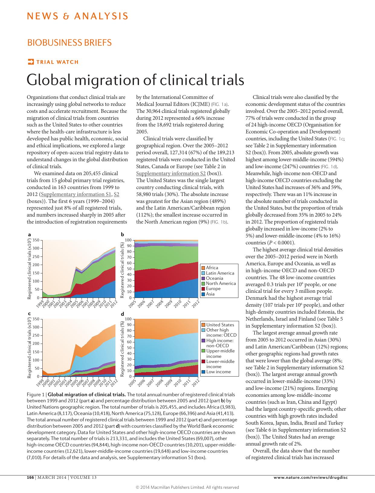 Trail watch: Global migration of clinical trials by Paul K. Drain & Marion Robine & King K. Holmes & Ingrid V. Bassett