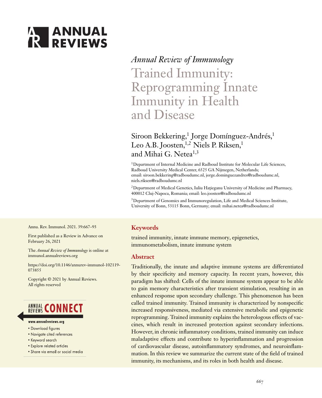 Trained Immunity: Reprogramming Innate Immunity in Health and Disease by Siroon Bekkering Jorge Domínguez-Andrés Leo A.B. Joosten Niels P. Riksen Mihai G. Netea