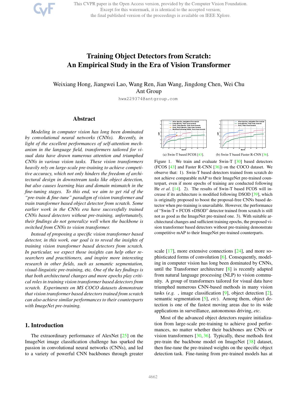 Training Object Detectors From Scratch: An Empirical Study in the Era of Vision Transformer by Weixiang Hong & Jiangwei Lao & Wang Ren & Jian Wang & Jingdong Chen & Wei Chu