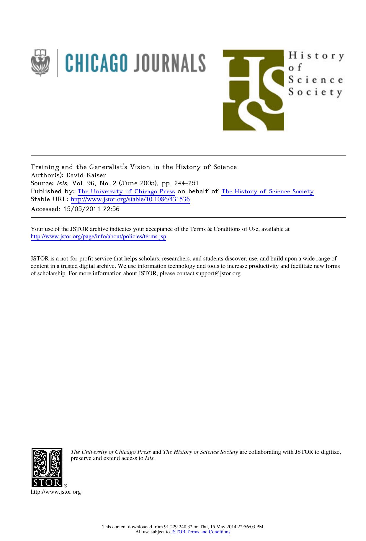 Training and the Generalistâs Vision in the History of Science by Unknown