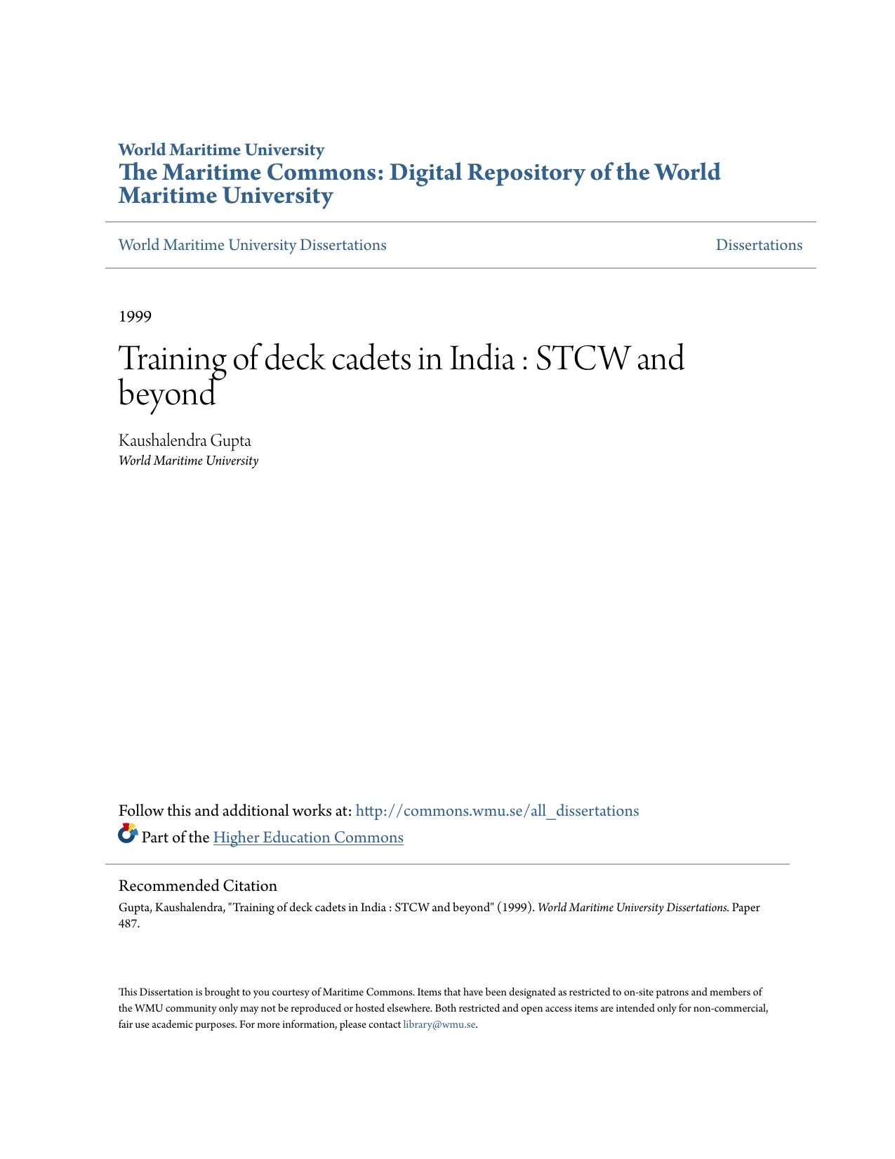 Training of deck cadets in India : STCW and beyond by Kaushalendra Gupta