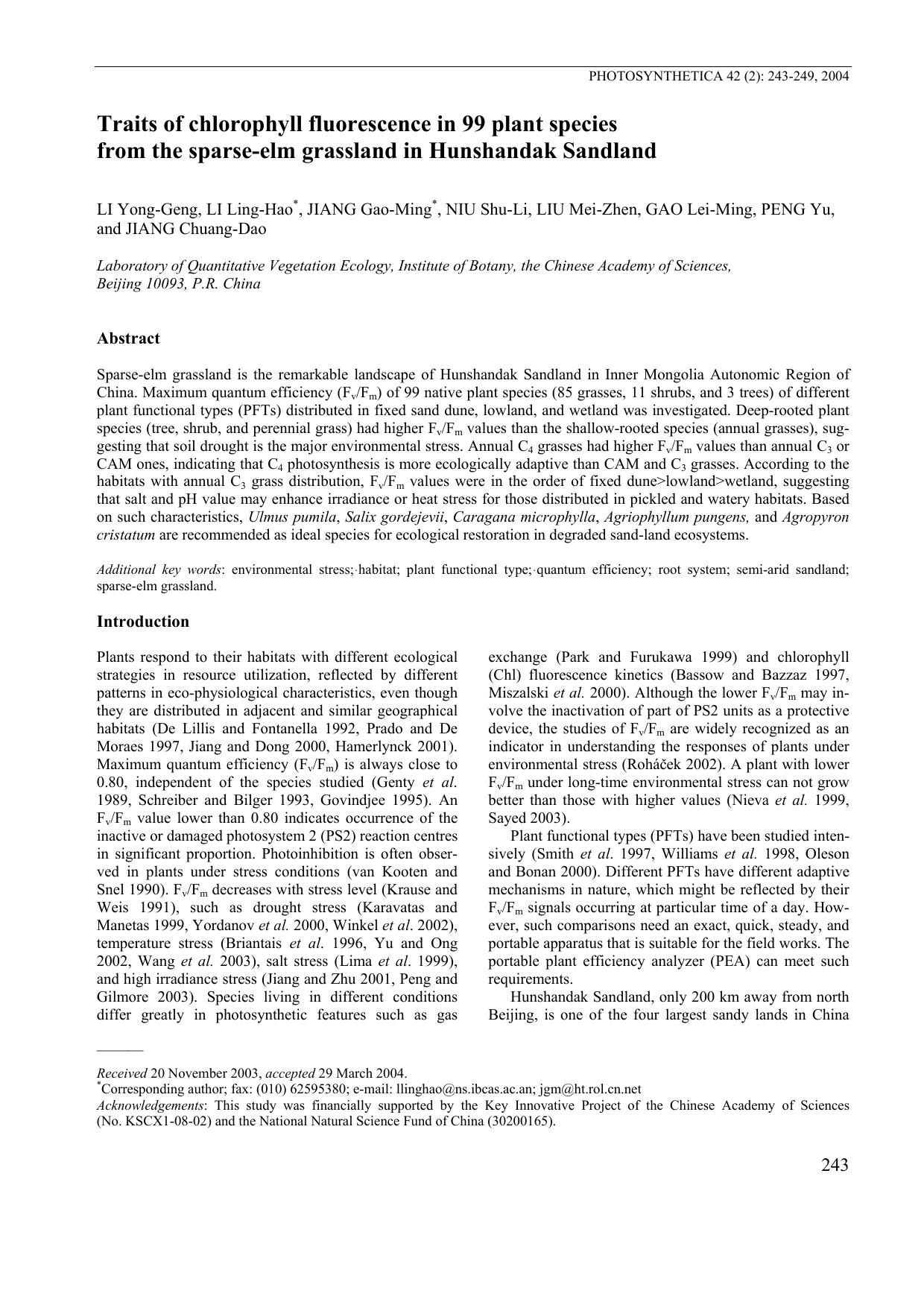 Traits of Chlorophyll Fluorescence in 99 Plant Species from the Sparse-Elm Grassland in Hunshandak Sandland by Unknown