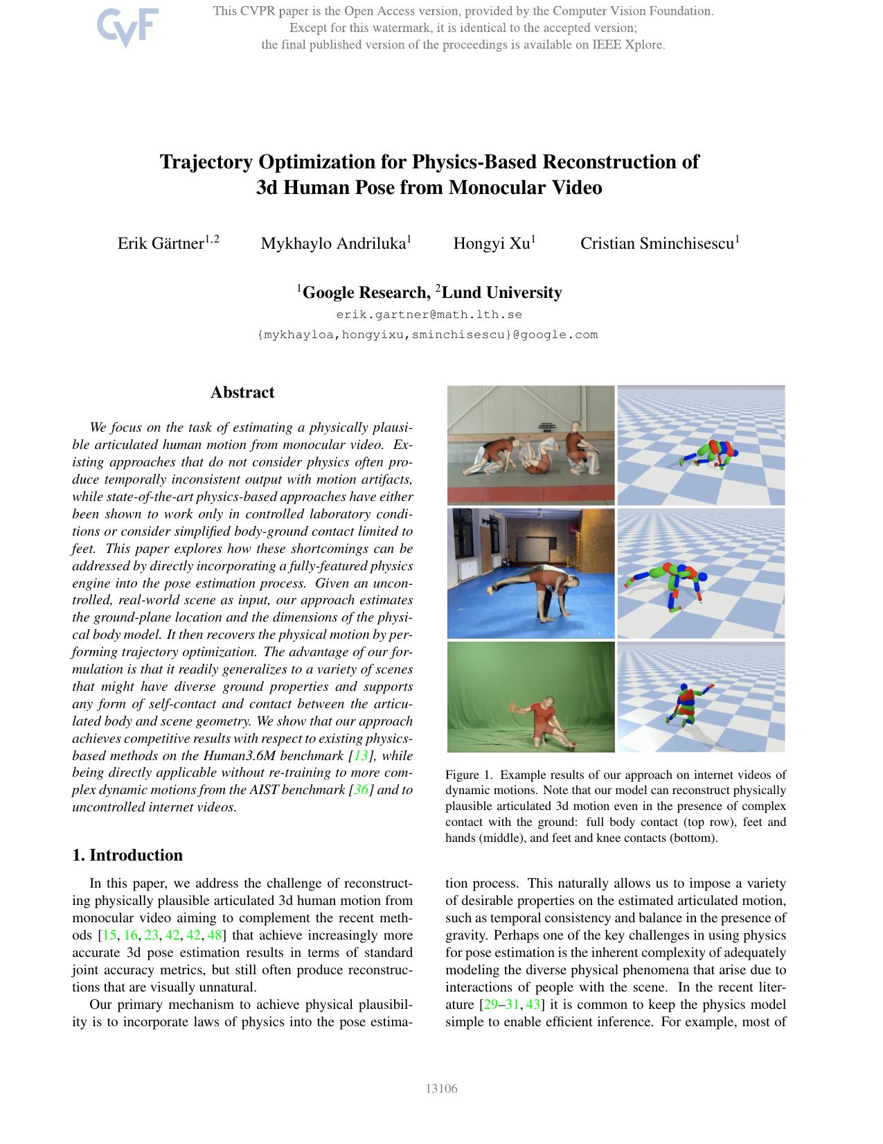 Trajectory Optimization for Physics-Based Reconstruction of 3D Human Pose From Monocular Video by Erik Gartner & Mykhaylo Andriluka & Hongyi Xu & Cristian Sminchisescu