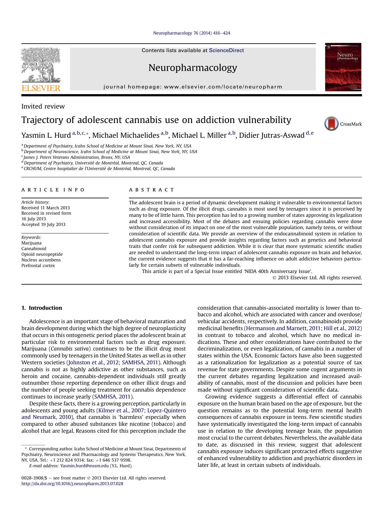 Trajectory of adolescent cannabis use on addiction vulnerability by Yasmin L. Hurd & Michael Michaelides & Michael L. Miller & Didier Jutras-Aswad