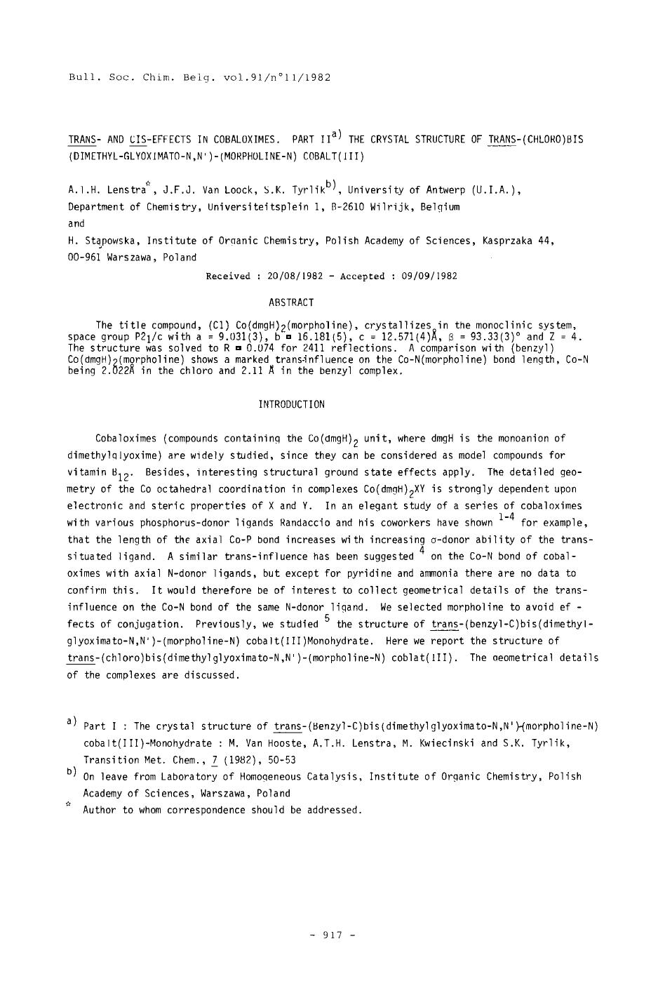 Trans and CISEffects in Cobaloximes. Part II The Crystal Structure of Trans(Chloro)BIS (DimethylGlyoximatoN, N)(MorpholineN) Cobalt(III) by Unknown