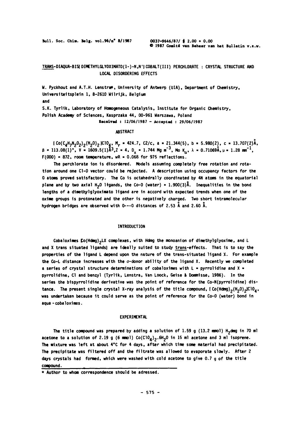 TransDiaquaBis[Dimethylglyoximato(1)N, N] Cobalt(III) Perchlorate: Crystal Structure and Local Disordering Effects by Unknown