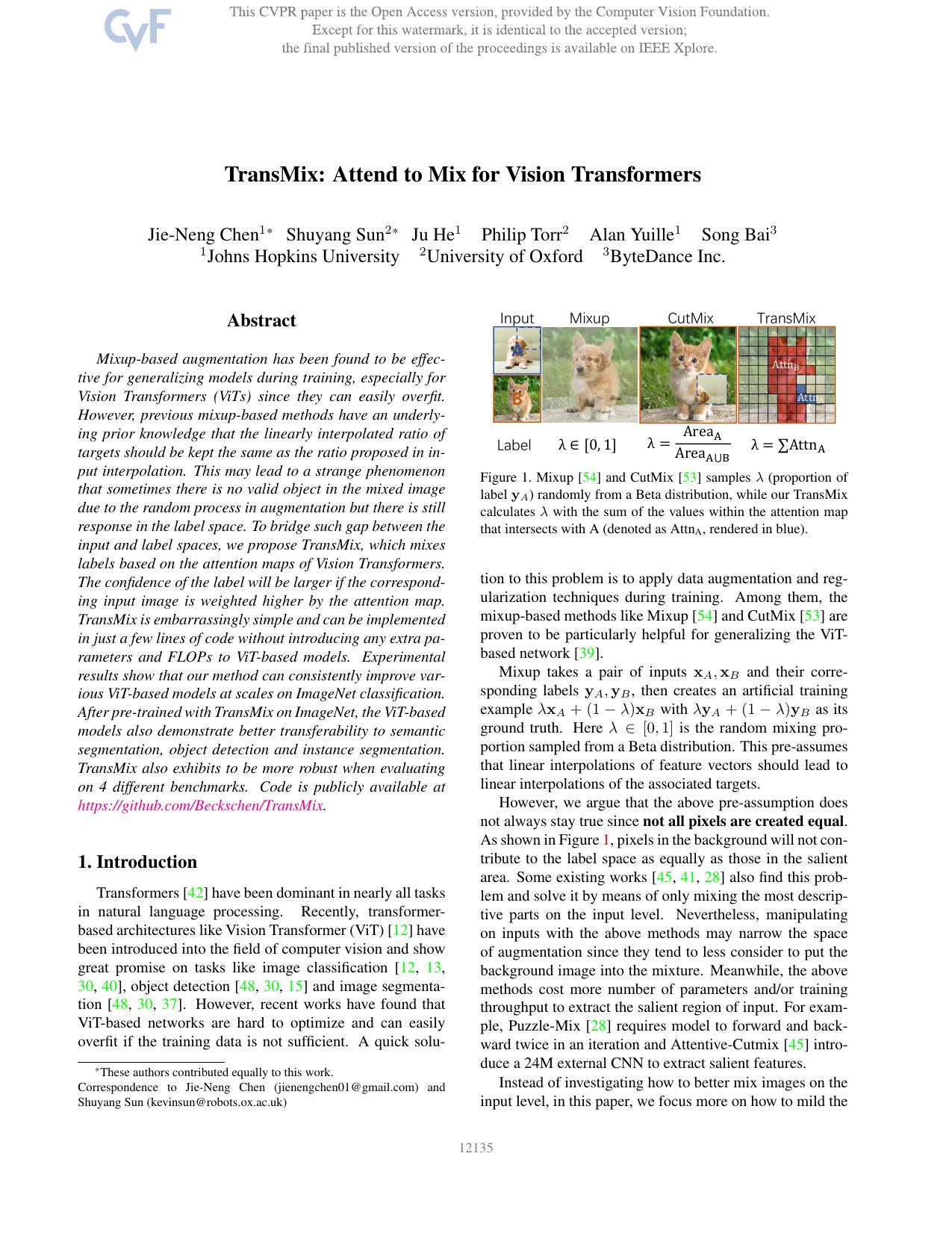 TransMix: Attend To Mix for Vision Transformers by Jie-Neng Chen & Shuyang Sun & Ju He & Philip H.S. Torr & Alan Yuille & Song Bai