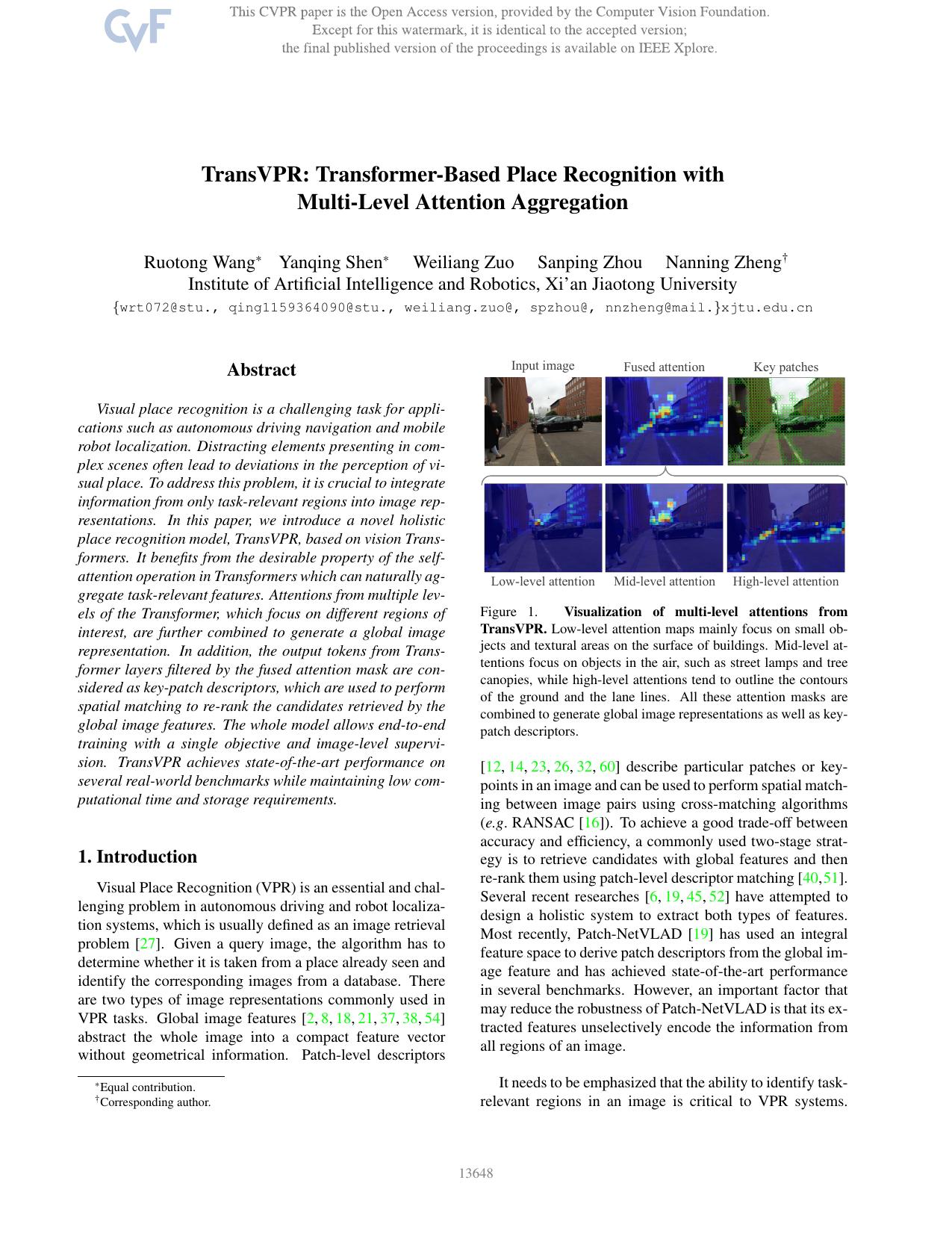 TransVPR: Transformer-Based Place Recognition With Multi-Level Attention Aggregation by Ruotong Wang & Yanqing Shen & Weiliang Zuo & Sanping Zhou & Nanning Zheng
