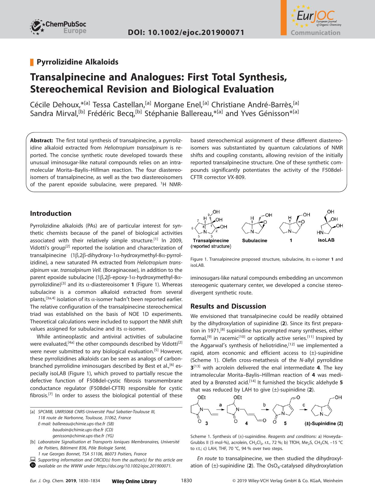 Transalpinecine and Analogues: First Total Synthesis, Stereochemical Revision and Biological Evaluation by Unknown