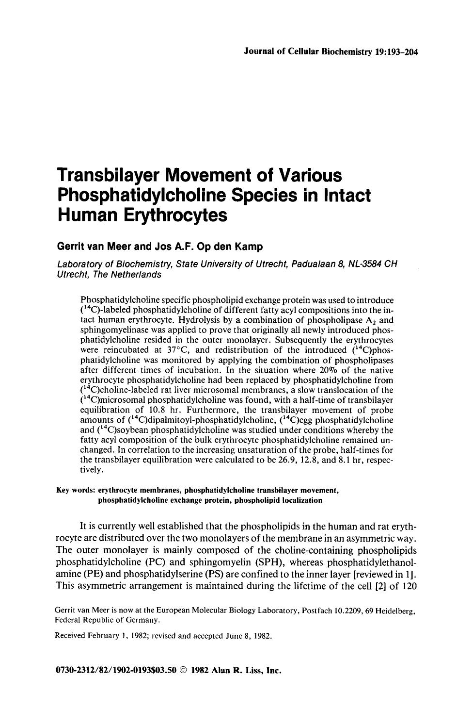 Transbilayer movement of various phosphatidylcholine species in intact human erythrocytes by Unknown