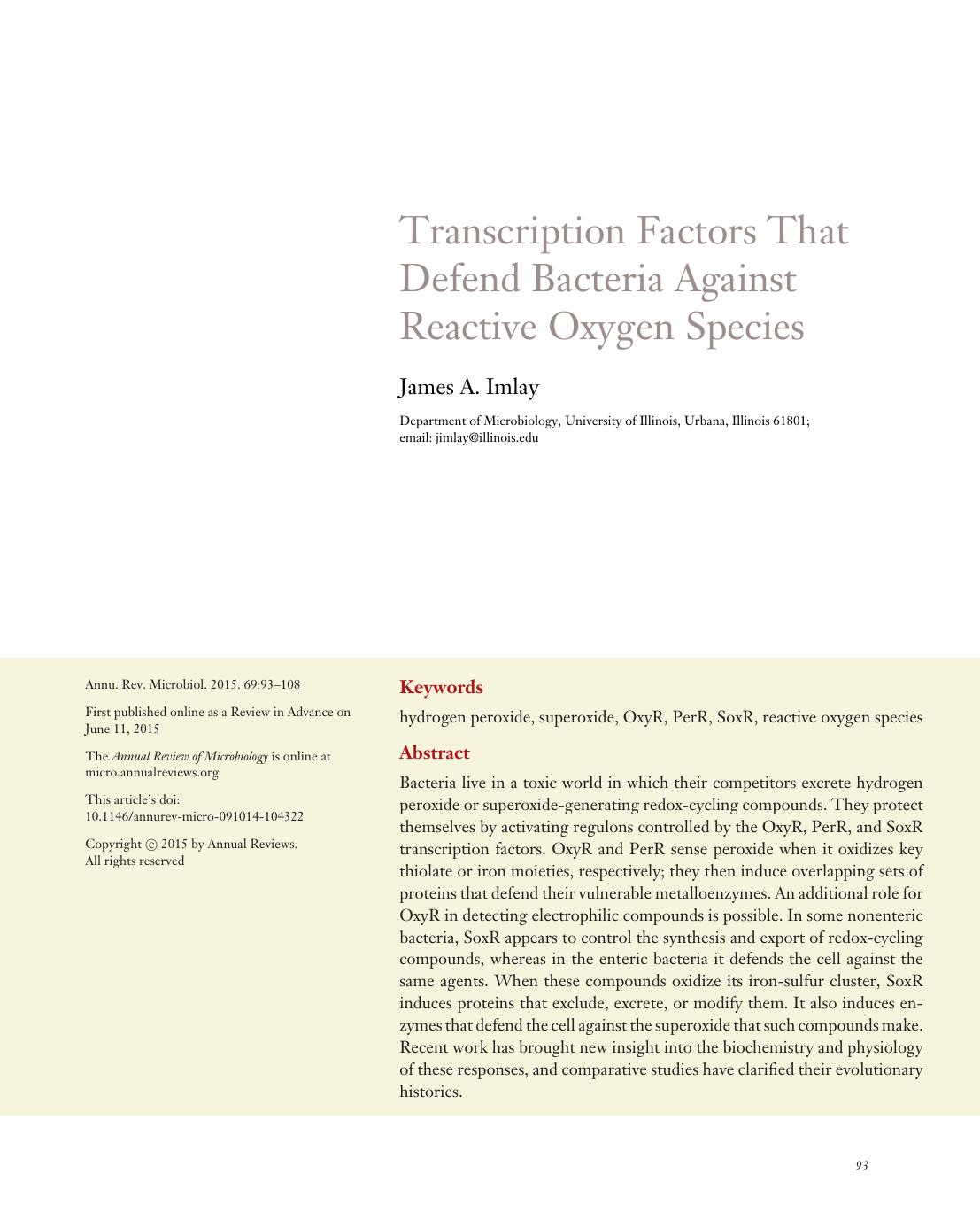 Transcription Factors That Defend Bacteria Against Reactive Oxygen Species by James A. Imlay