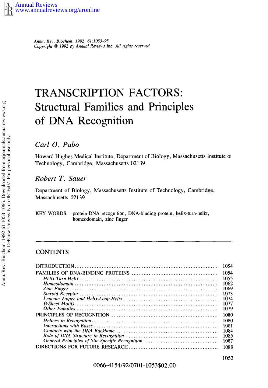 Transcription Factors: Structural Families and Principles of DNA Recognition by C O Pabo & R T Sauer