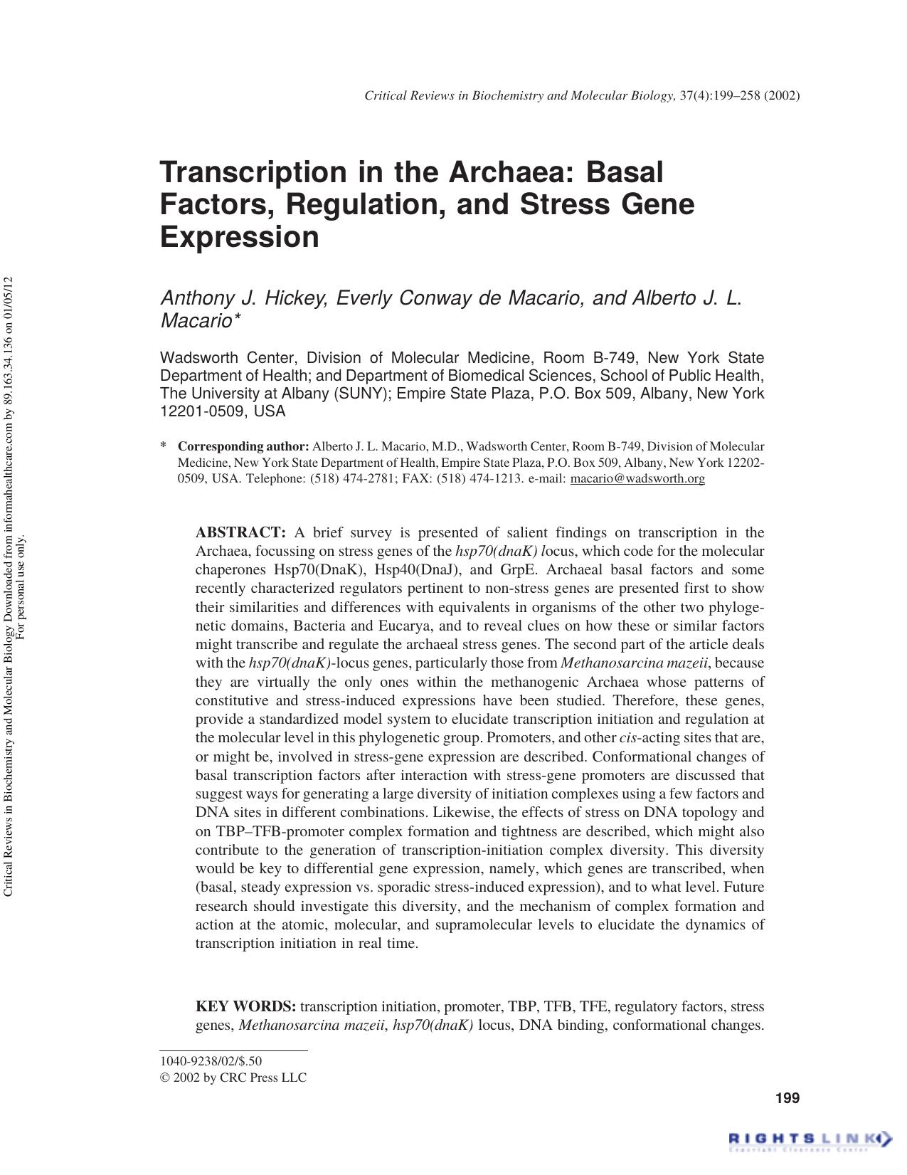 Transcription in the Archaea: Basal Factors, Regulation, and Stress Gene Expression by Anthony J. Hickey Everly Conway de Macario & Alberto J. L. Macario