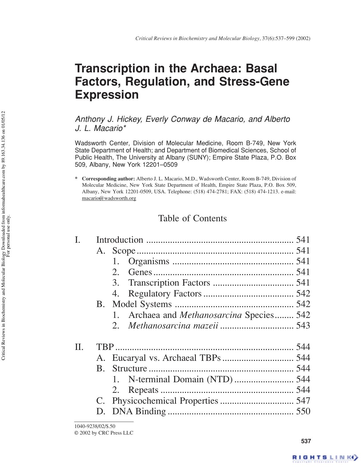 Transcription in the Archaea: Basal Factors, Regulation, and Stress-Gene Expression by Anthony J. Hickey Everly Conway de Macario & Alberto J. L. Macario