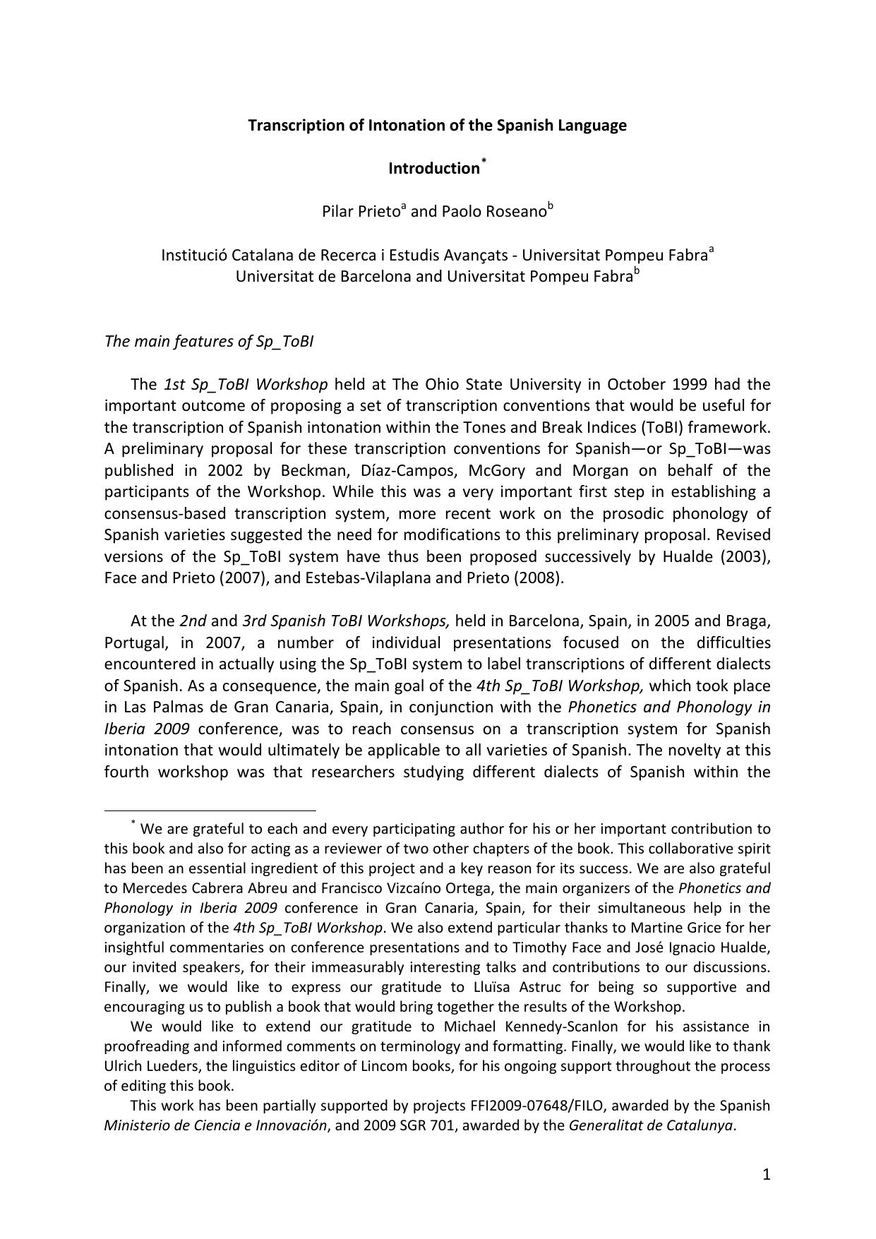 Transcription of Intonation of the Spanish Language by Pilar Prieto Paolo Roseano