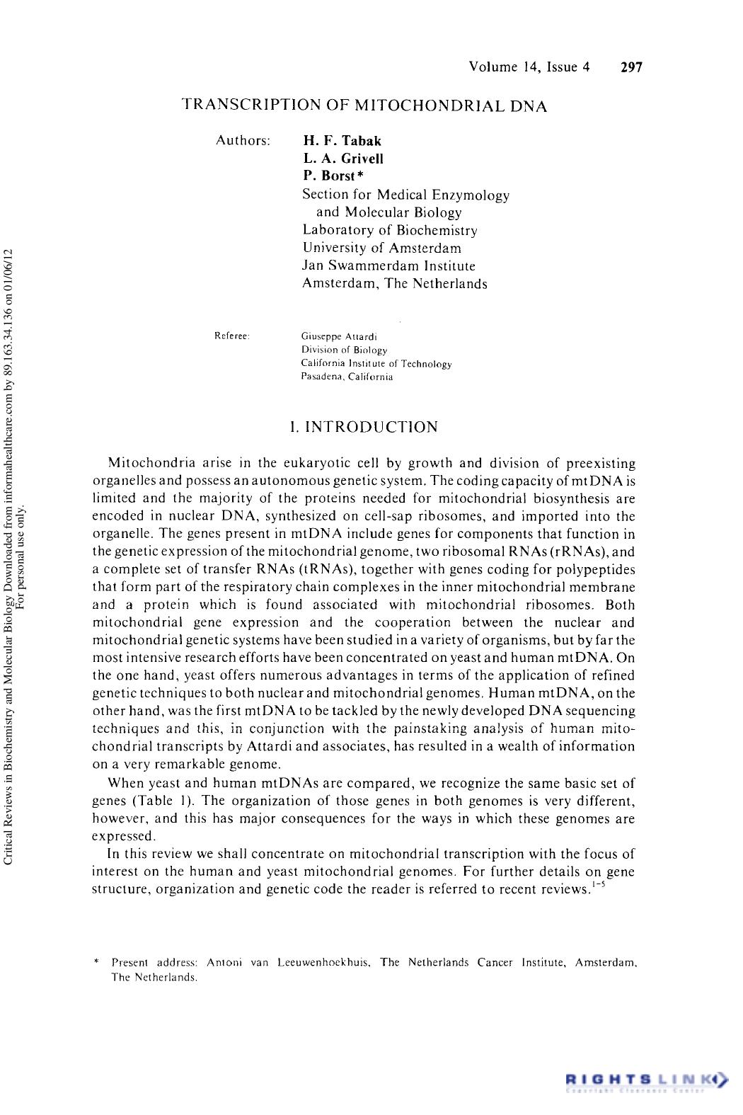 Transcription of Mitochondrial DN by H. F. Tabak L. A. Grivell P. Borst & Giuseppe Attardi