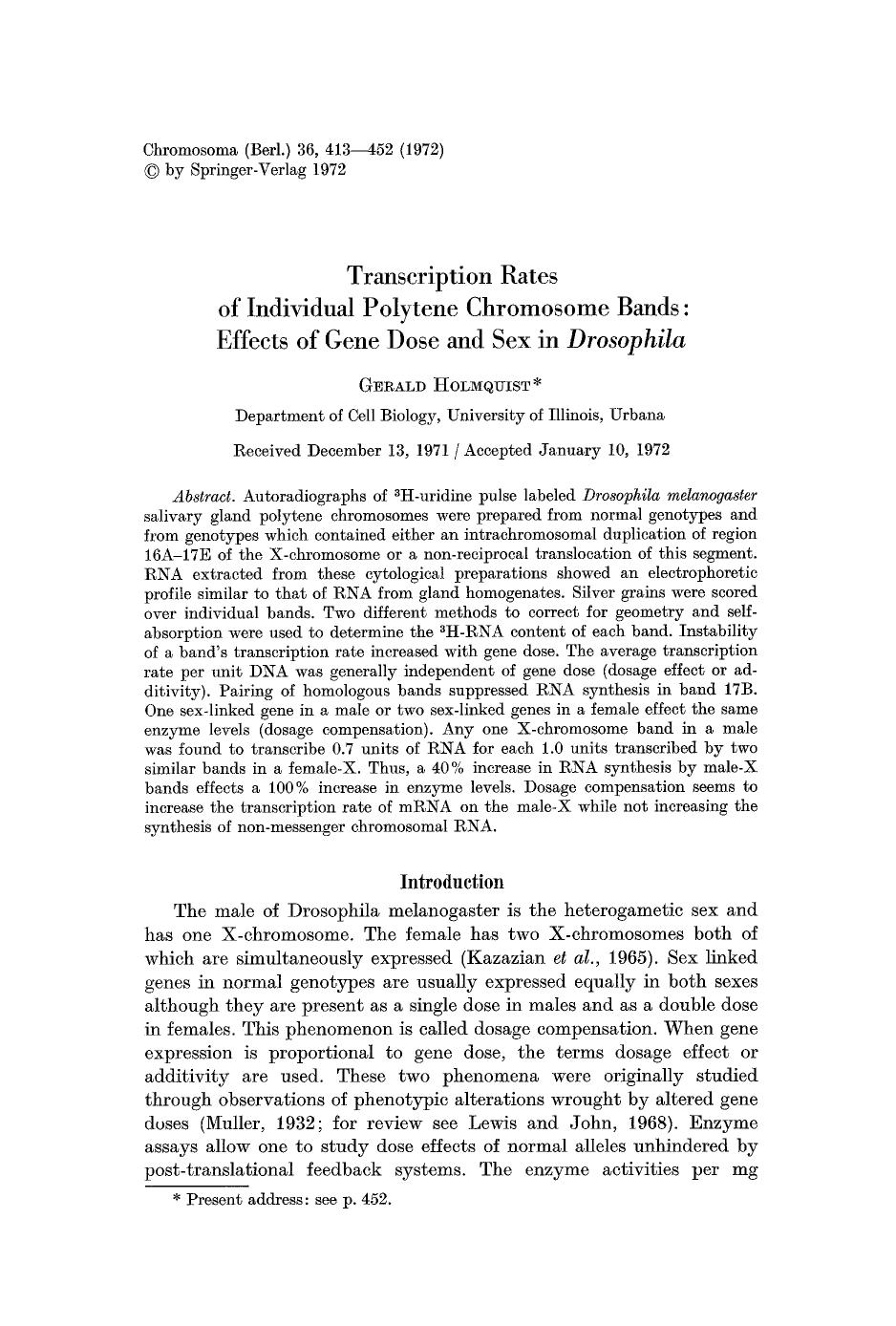 Transcription rates of individual polytene chromosome bands: effects of gene dose and sex in <Emphasis Type="Italic">Drosophila<Emphasis> by Unknown