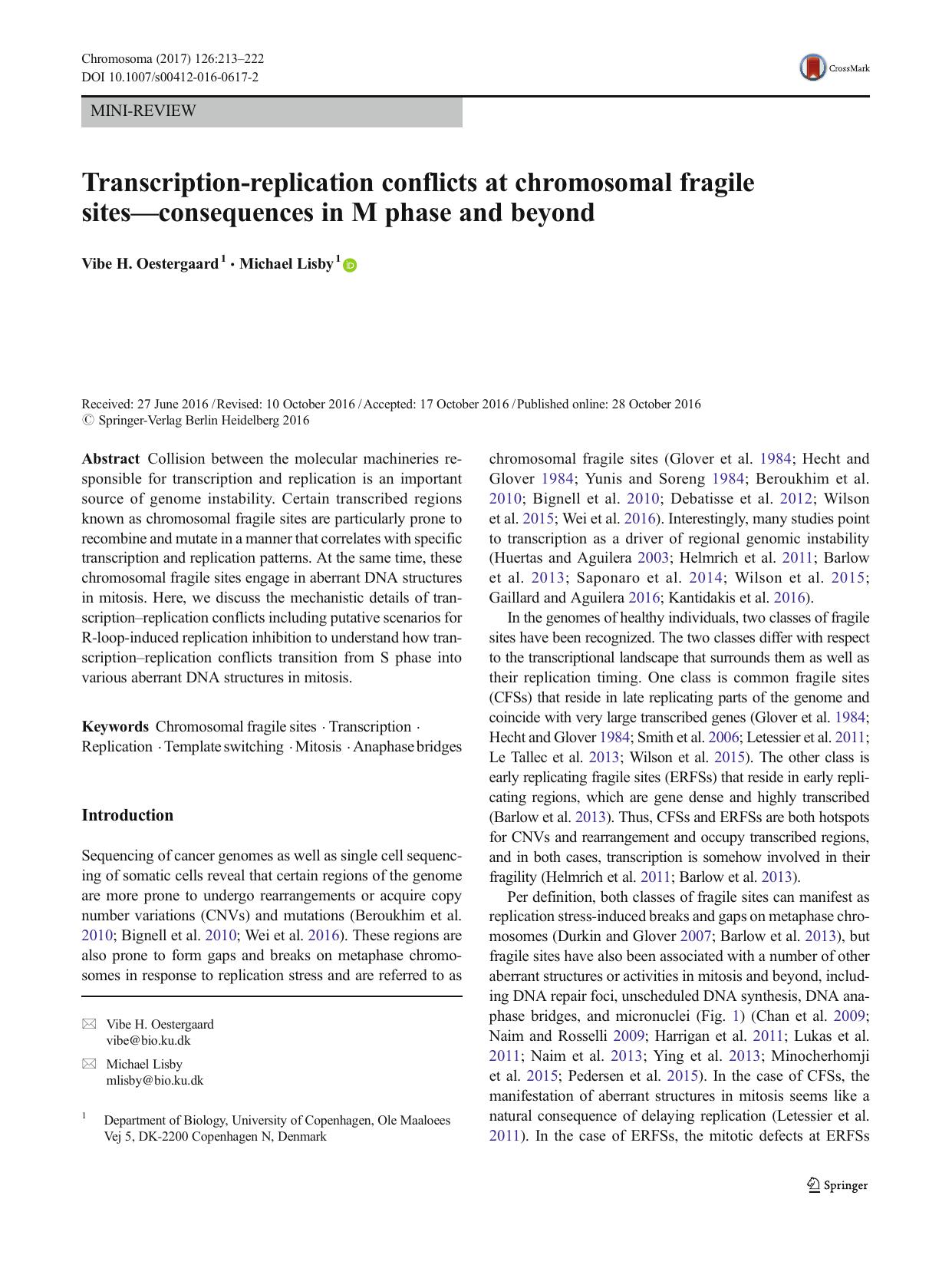 Transcription-replication conflicts at chromosomal fragile sitesâconsequences in M phase and beyond by Vibe H. Oestergaard & Michael Lisby