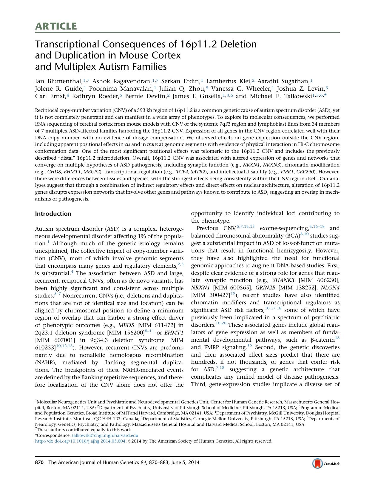 Transcriptional Consequences of 16p11.2 Deletion and Duplication in Mouse Cortex and Multiplex Autism Families by unknow