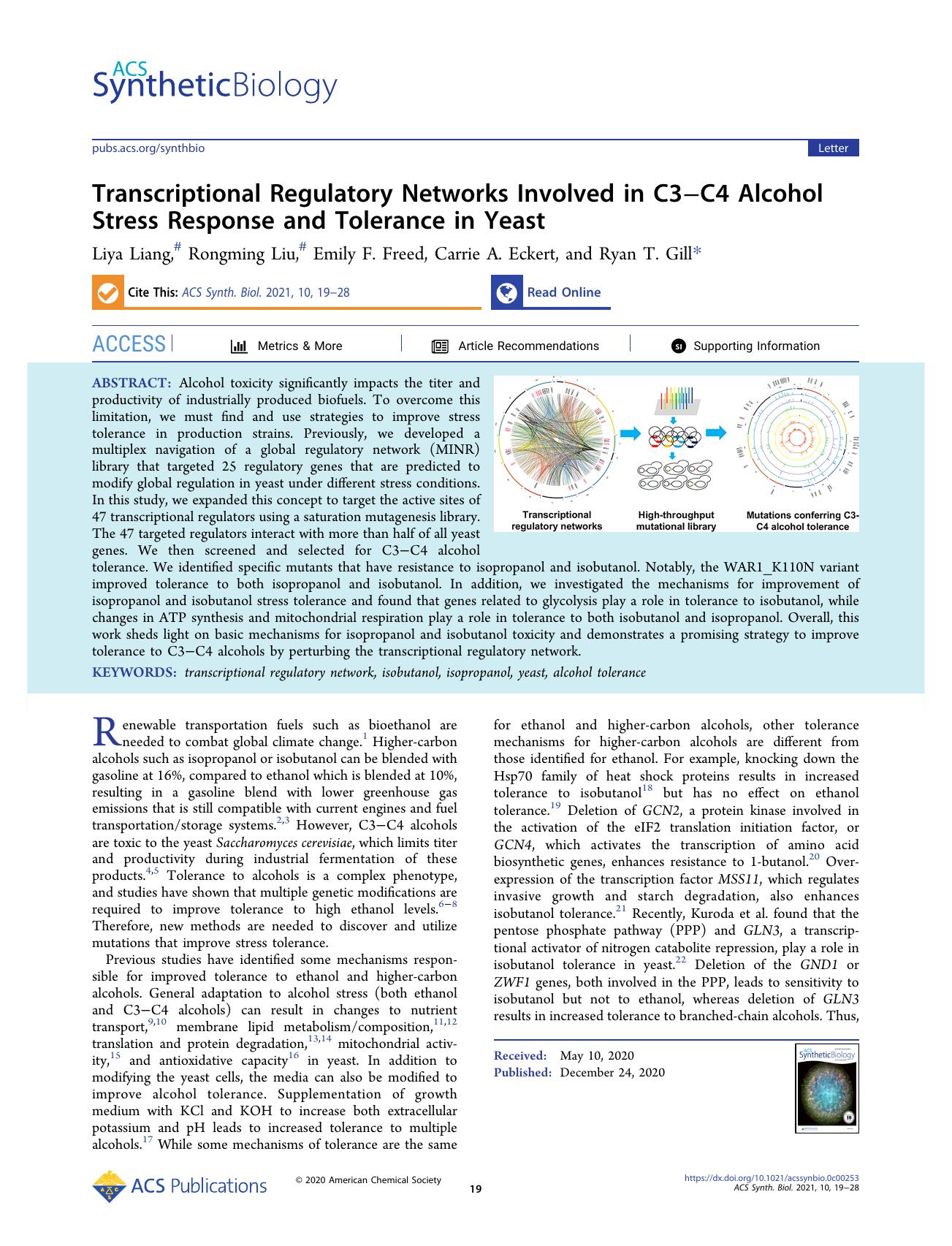 Transcriptional Regulatory Networks Involved in C3âC4 Alcohol Stress Response and Tolerance in Yeast by Liya Liang Rongming Liu Emily F. Freed Carrie A. Eckert and Ryan T. Gill