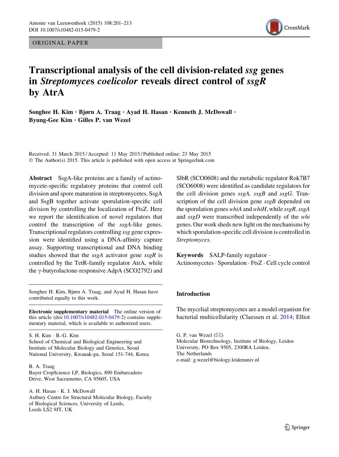 Transcriptional analysis of the cell division-related ssg genes in Streptomyces coelicolor reveals direct control of ssgR by AtrA by unknow