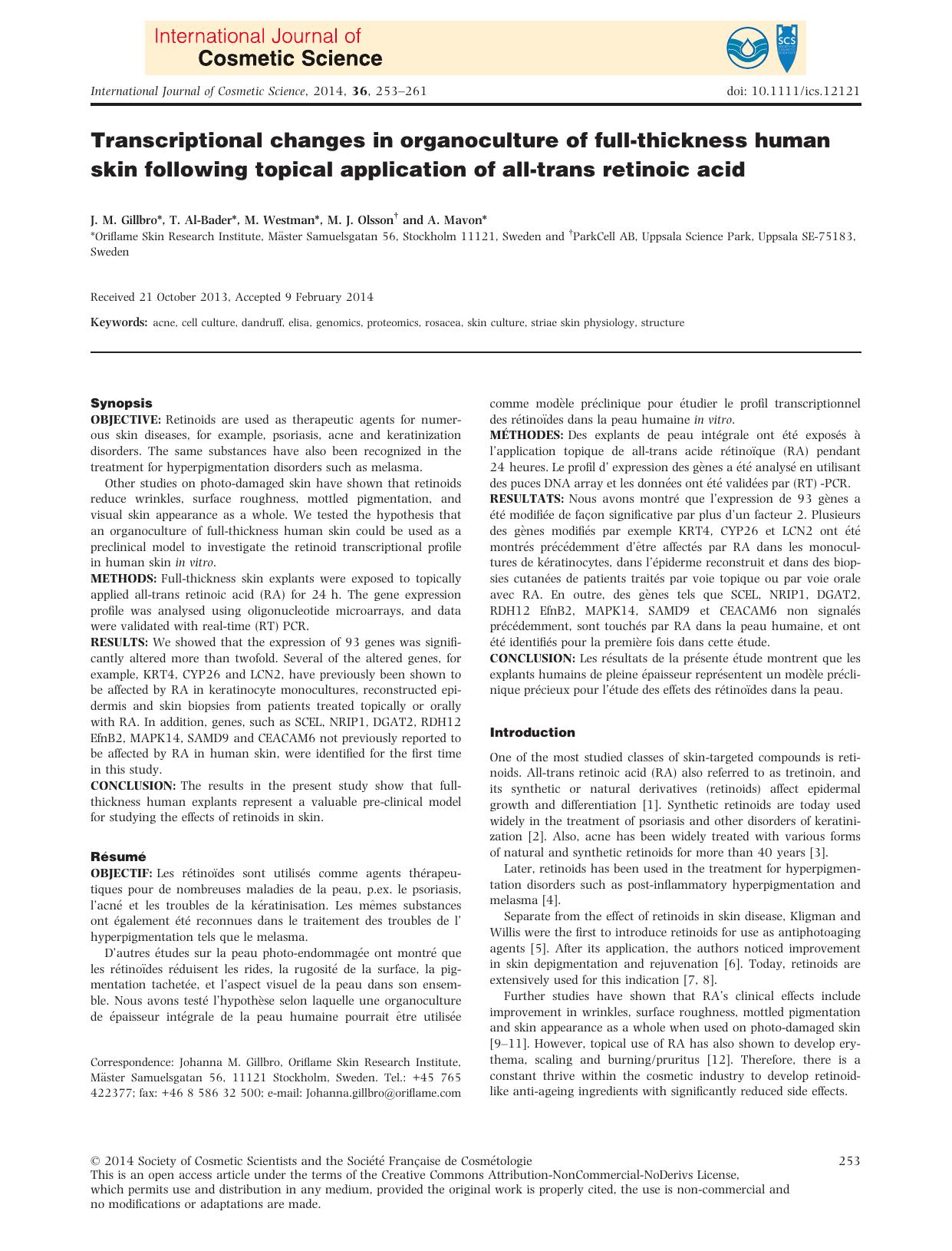 Transcriptional changes in organoculture of fullthickness human skin following topical application of alltrans retinoic acid by Unknown