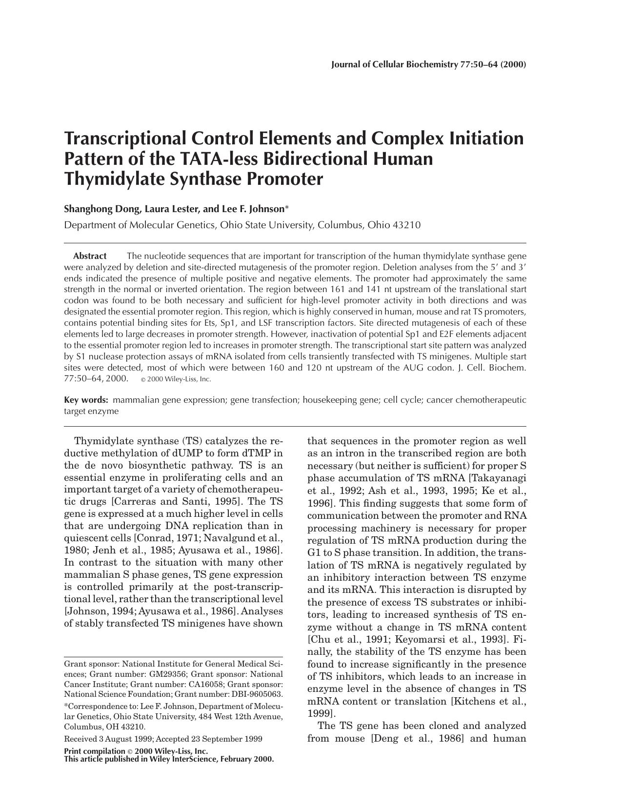 Transcriptional control elements and complex initiation pattern of the TATA-less bidirectional human thymidylate synthase promoter by Unknown