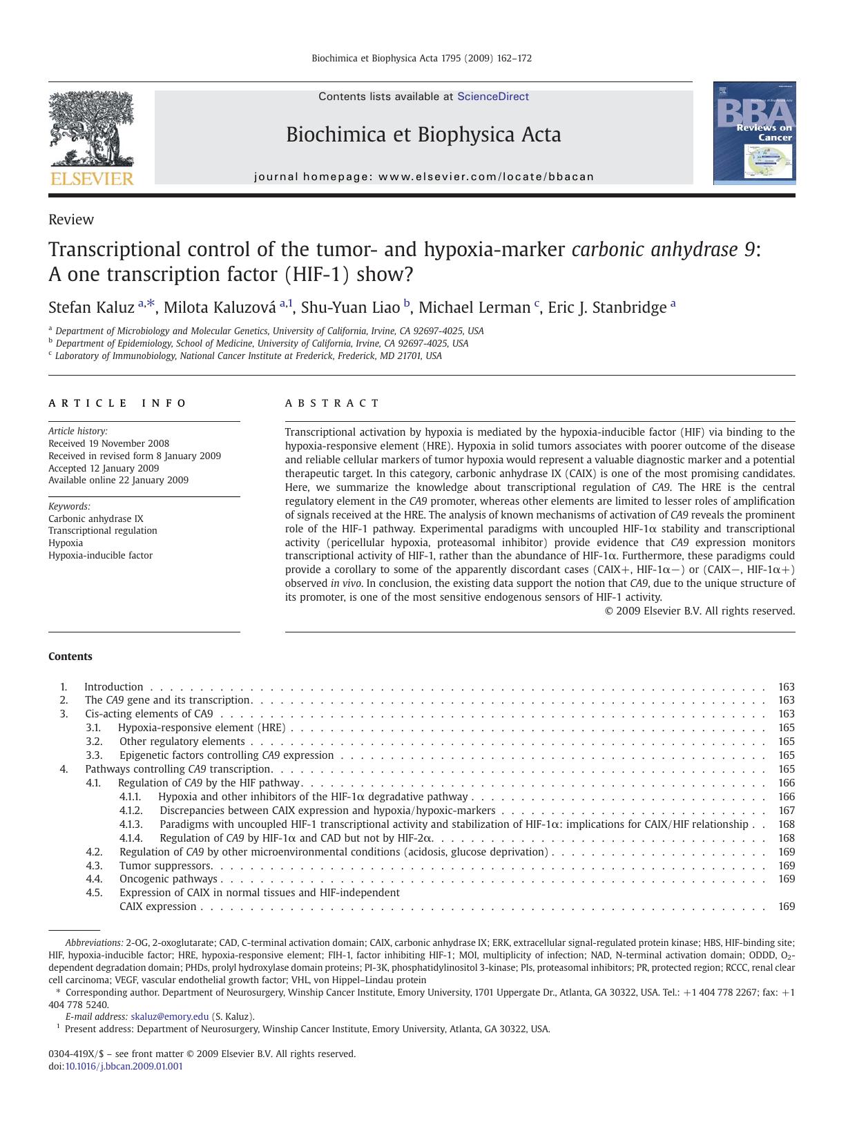 Transcriptional control of the tumor- and hypoxia-marker carbonic anhydrase 9: A one transcription factor (HIF-1) show? by Stefan Kaluz; Milota Kaluzová; Shu-Yuan Liao; Michael Lerman; Eric J. Stanbridge