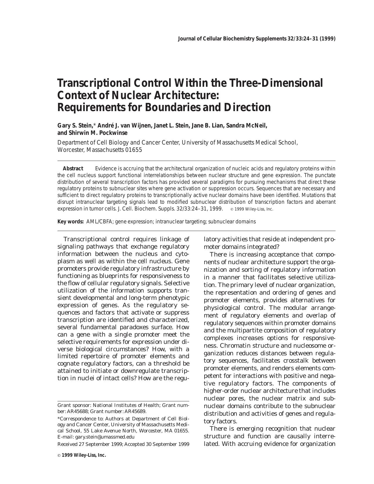 Transcriptional control within the three-dimensional context of nuclear architecture: Requirements for boundaries and direction by Unknown