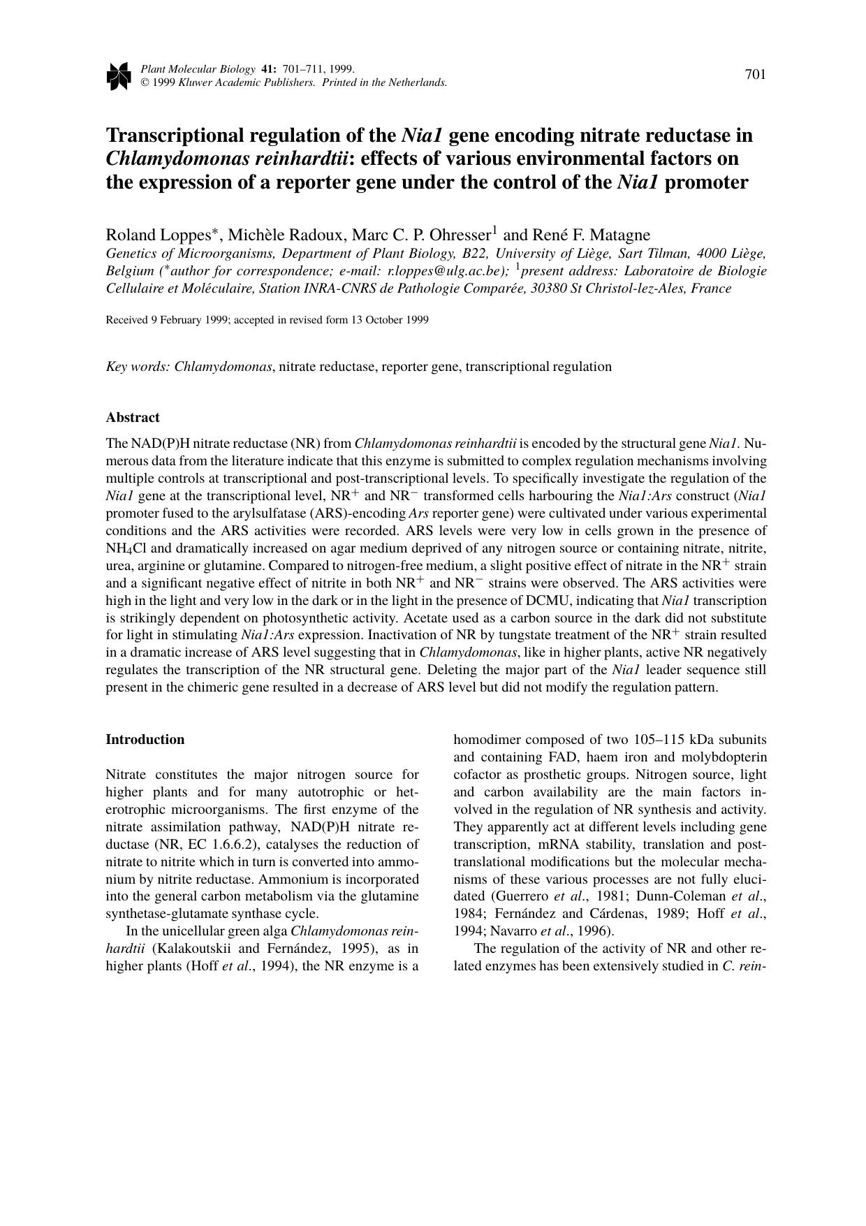 Transcriptional regulation of the Nia1 gene encoding nitrate reductase in Chlamydomonas reinhardtii: effects of various environmental factors on the expression of a reporter gene u by Unknown