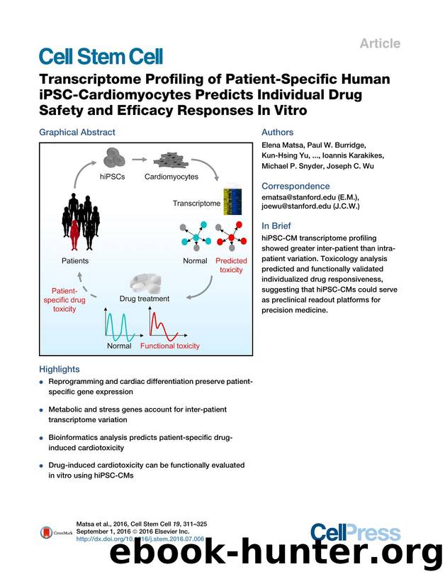 Transcriptome Profiling of Patient-Specific Human iPSC-Cardiomyocytes Predicts Individual Drug Safety and Efficacy Responses In&nbsp;Vitro by unknow