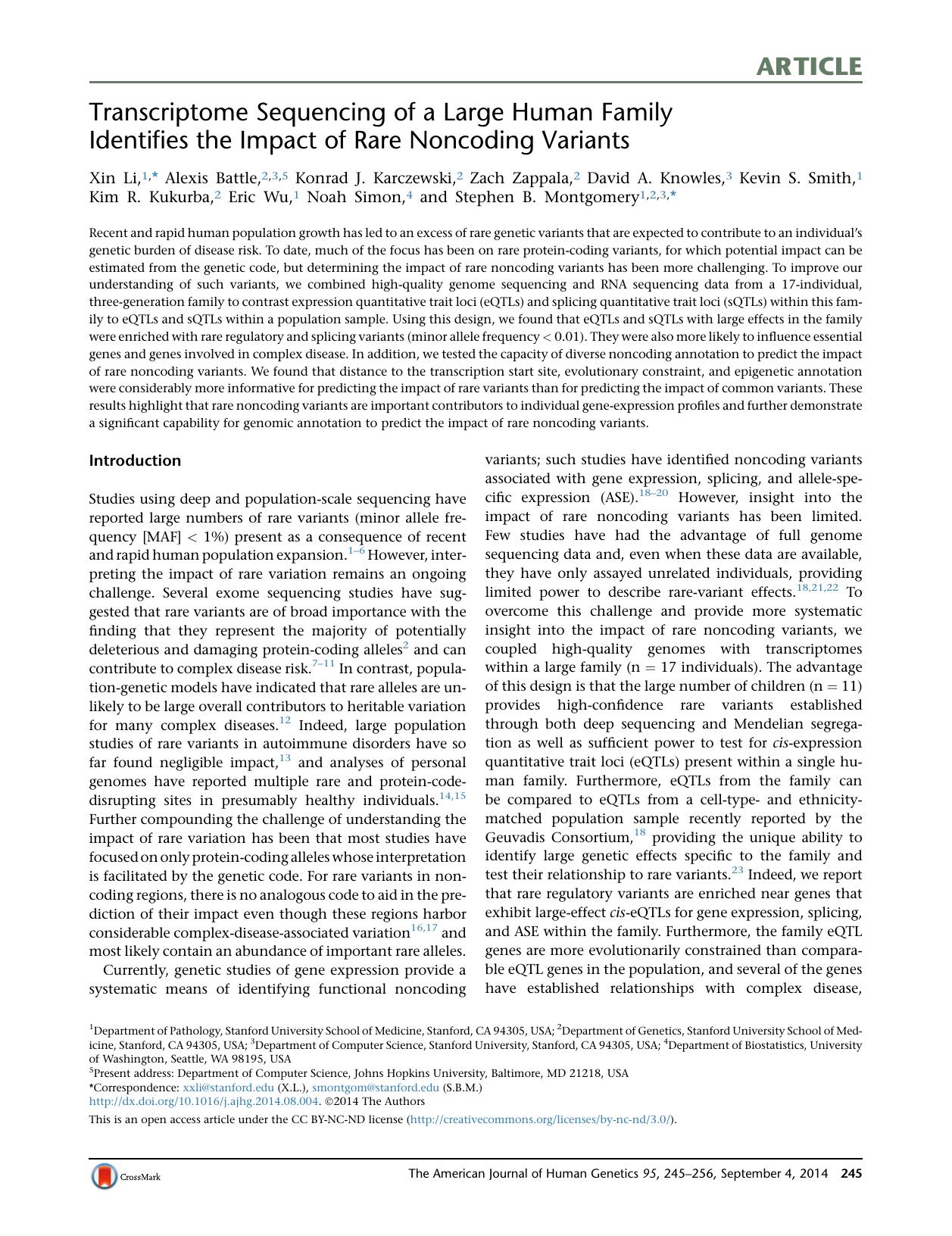 Transcriptome Sequencing of a Large Human Family Identifies the Impact of Rare Noncoding Variants by unknow