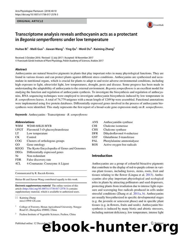 Transcriptome analysis reveals anthocyanin acts as a protectant in Begonia semperflorens under low temperature by Huitao Bi & Meili Guo & Jiawan Wang & Ying Qu & Wenli Du & Kaiming Zhang