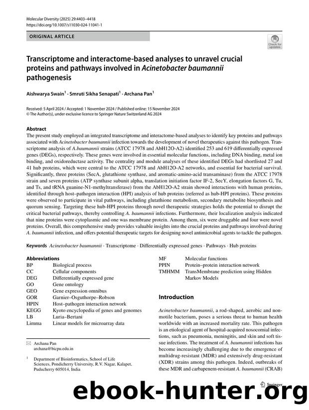Transcriptome and interactome-based analyses to unravel crucial proteins and pathways involved in Acinetobacter baumannii pathogenesis by Aishwarya Swain & Smruti Sikha Senapati & Archana Pan