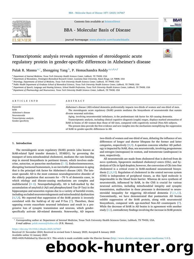 Transcriptomic analysis reveals suppression of steroidogenic acute regulatory protein in gender-specific differences in Alzheimer's disease by Pulak R. Manna & Shengping Yang & P. Hemachandra Reddy
