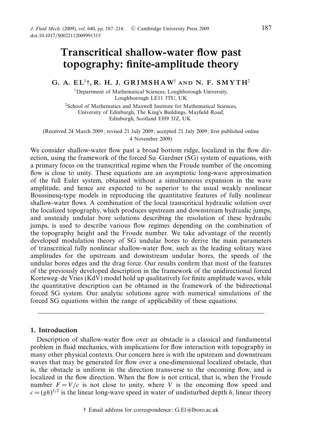 Transcritical shallow-water flow past topography: finite-amplitude theory by G. A. EL R. H. J. GRIMSHAW N. F. SMYTH