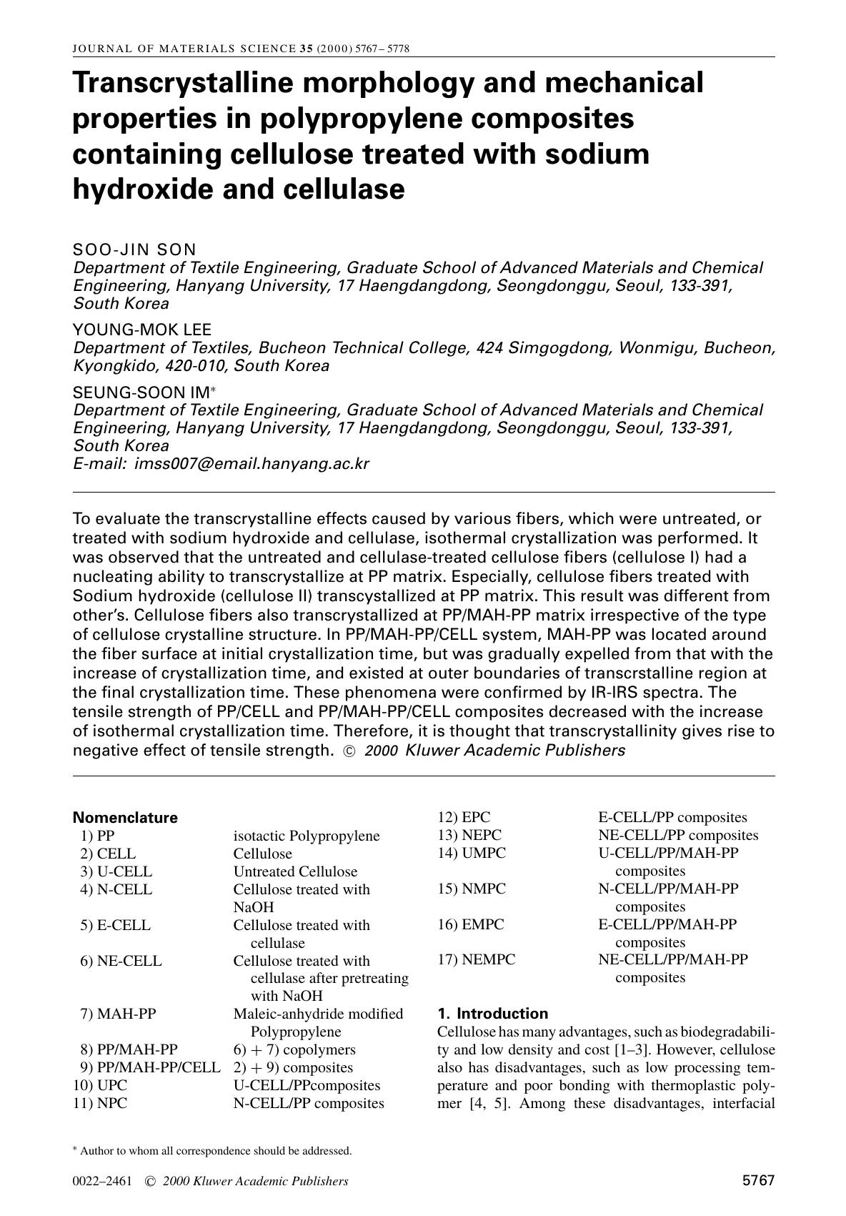 Transcrystalline morphology and mechanical properties in polypropylene composites containing cellulose treated with sodium hydroxide and cellulase by Unknown