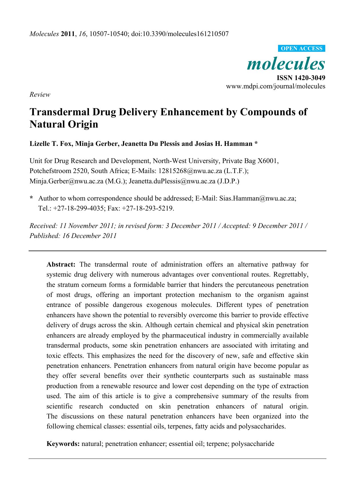 Transdermal Drug Delivery Enhancement by Compounds of Natural Origin by Lizelle T. Fox & Minja Gerber & Jeanetta Du Plessis and Josias H. Hamman