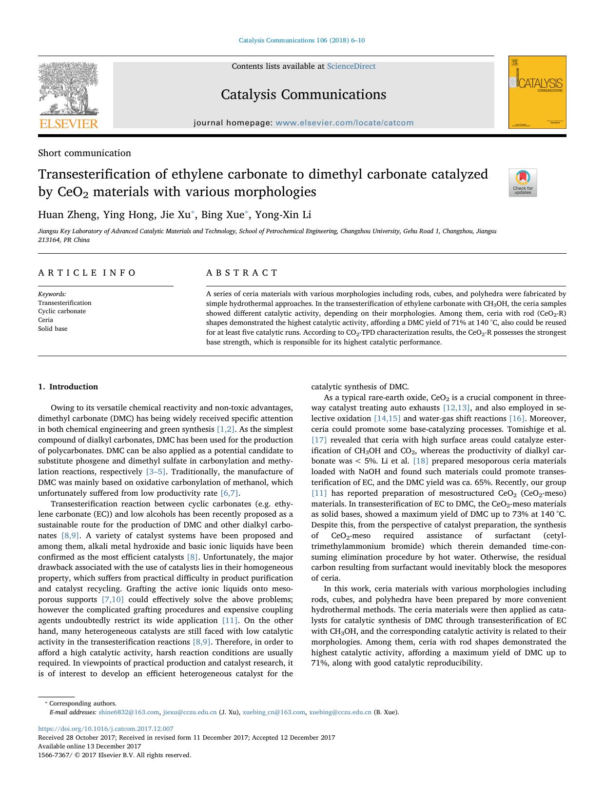 Transesterification of ethylene carbonate to dimethyl carbonate catalyzed by CeO2 materials with various morphologies by Huan Zheng & Ying Hong & Jie Xu & Bing Xue & Yong-Xin Li