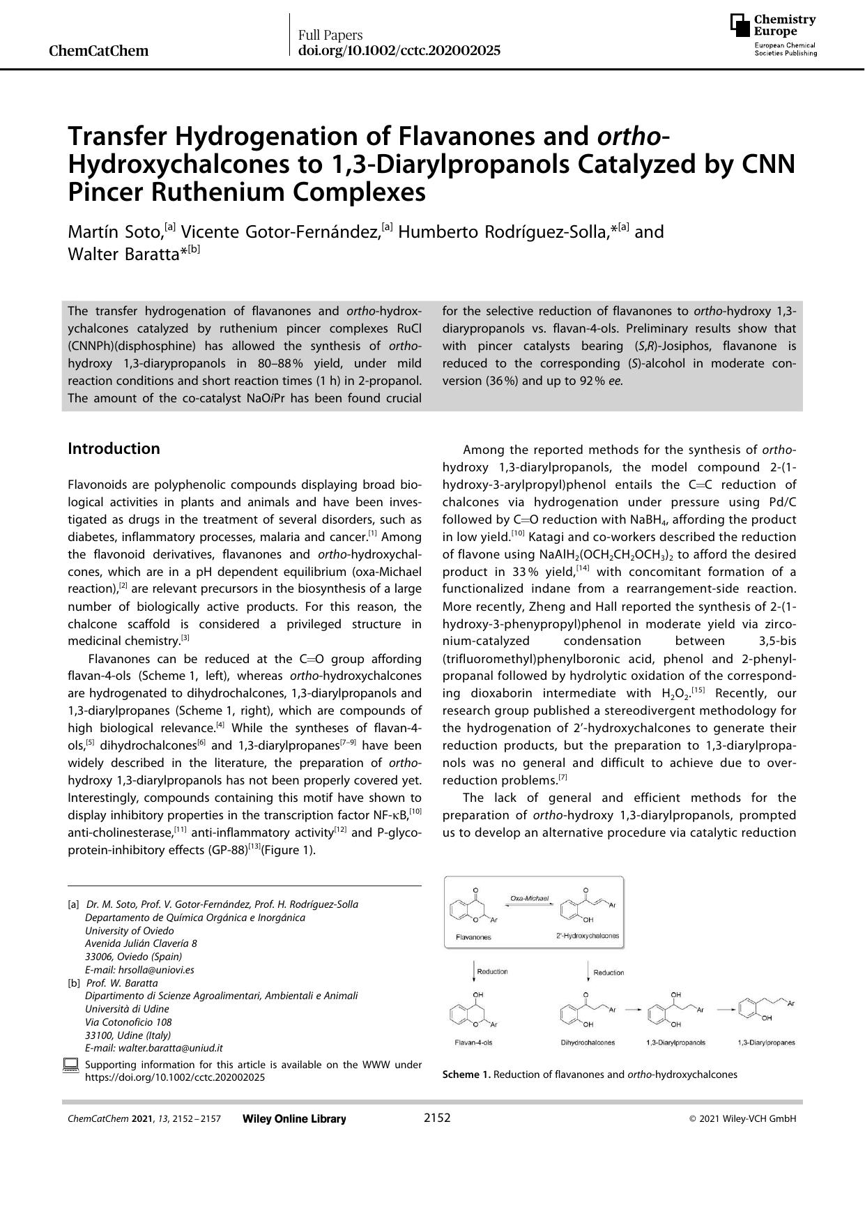 Transfer Hydrogenation of Flavanones and orthoâHydroxychalcones to 1,3âDiarylpropanols Catalyzed by CNN Pincer Ruthenium Complexes by Unknown