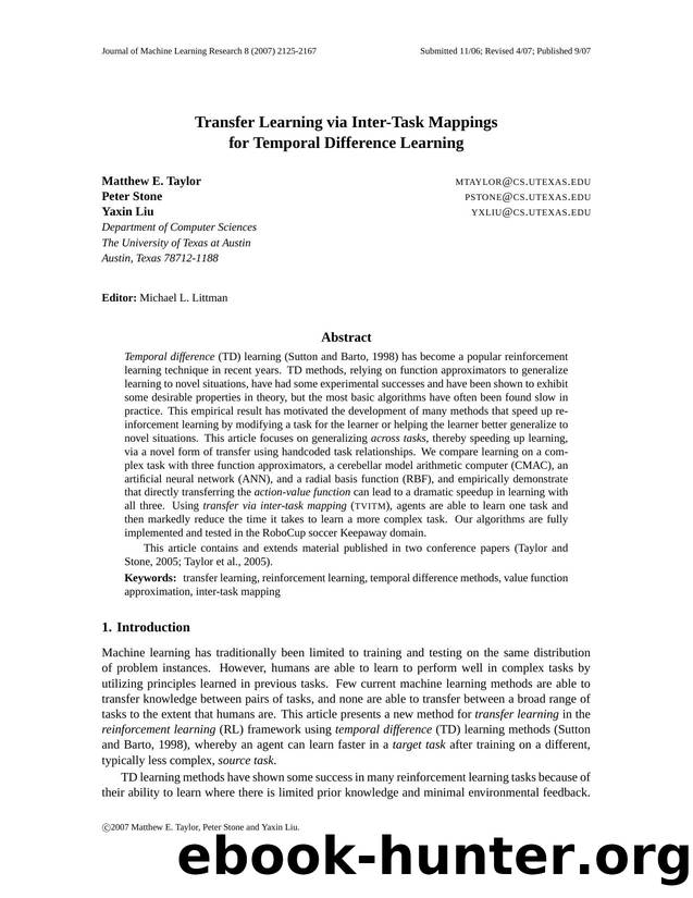 Transfer Learning via Inter-Task Mappings for Temporal Difference Learning by Unknown