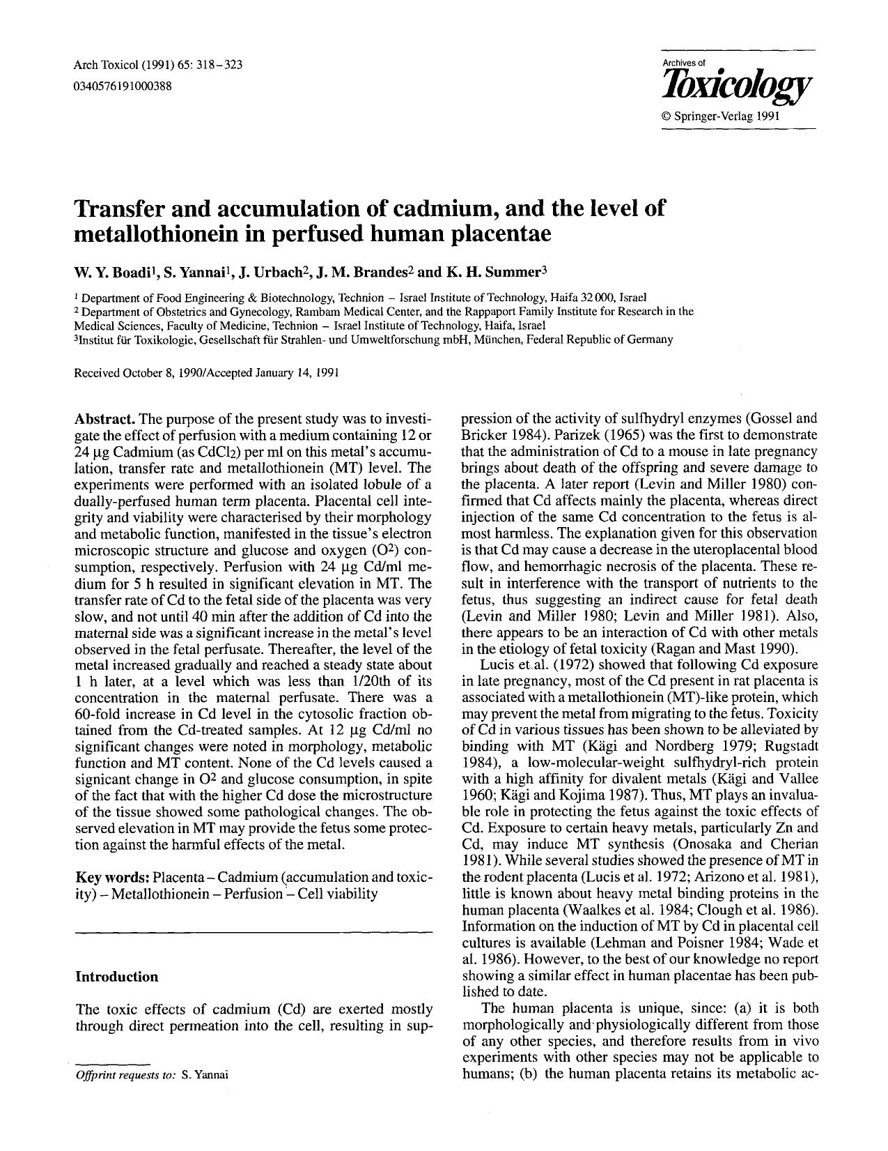 Transfer and accumulation of cadmium, and the level of metallothionein in perfused human placentae by Unknown