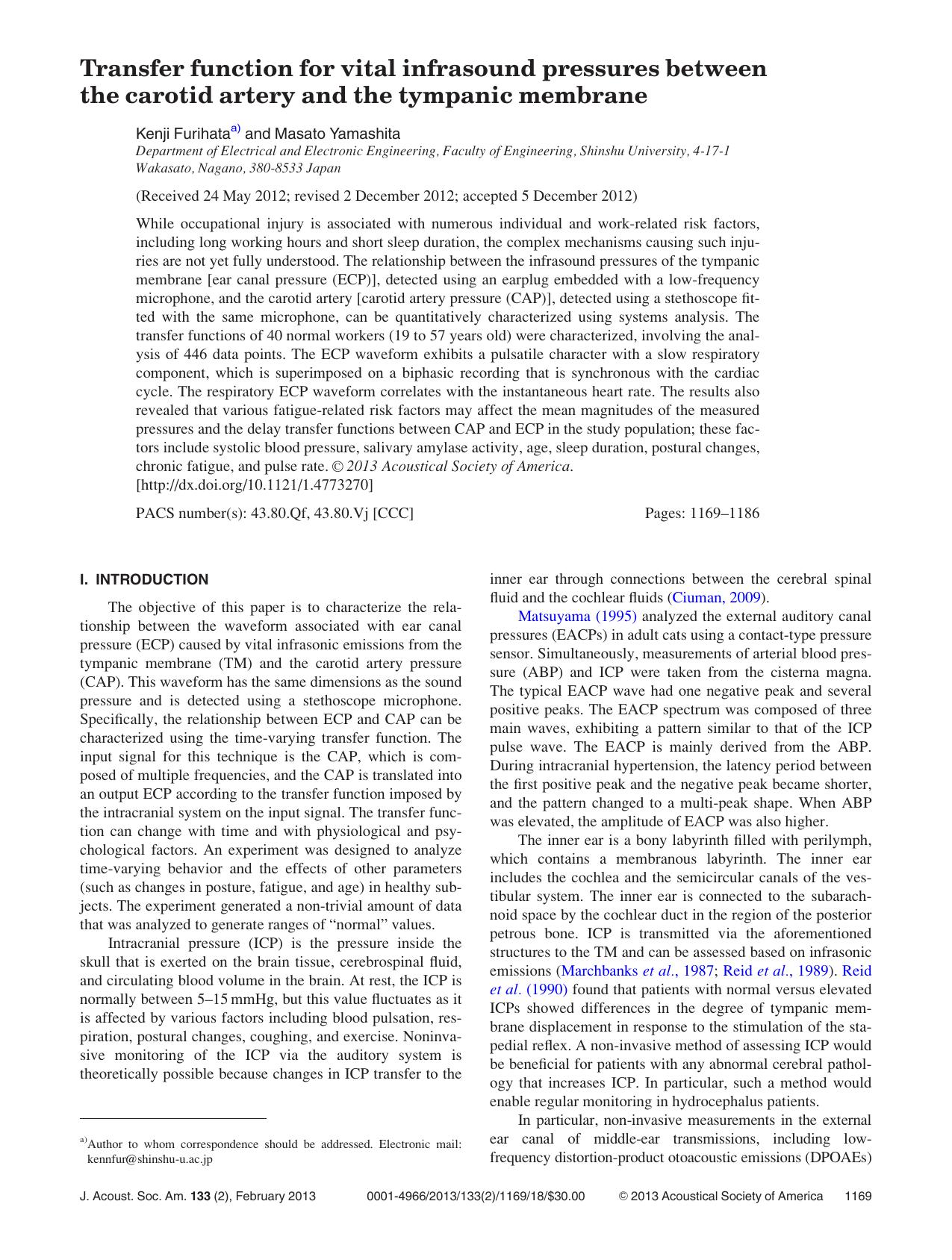 Transfer function for vital infrasound pressures between the carotid artery and the tympanic membrane by Kenji Furihataa) and Masato Yamashita