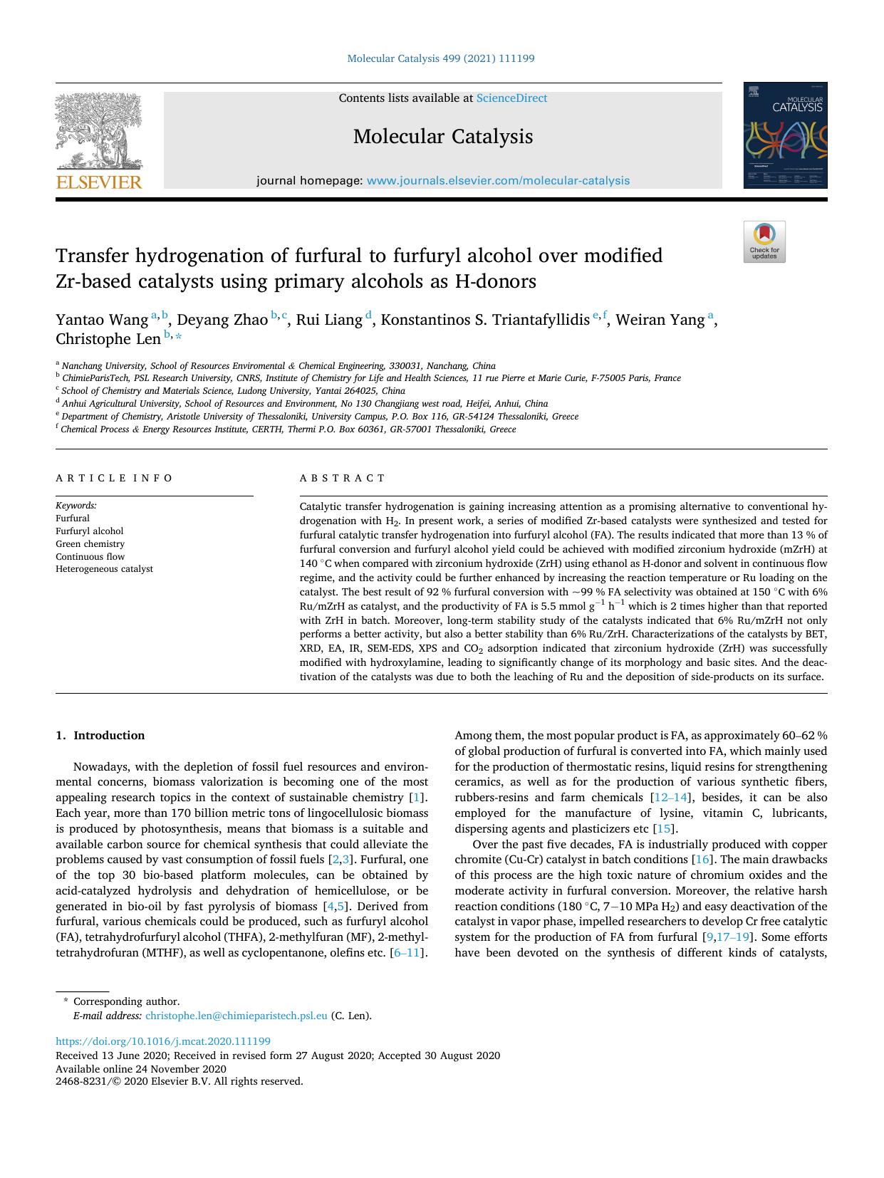 Transfer hydrogenation of furfural to furfuryl alcohol over modified Zr-based catalysts using primary alcohols as H-donors by Yantao Wang
