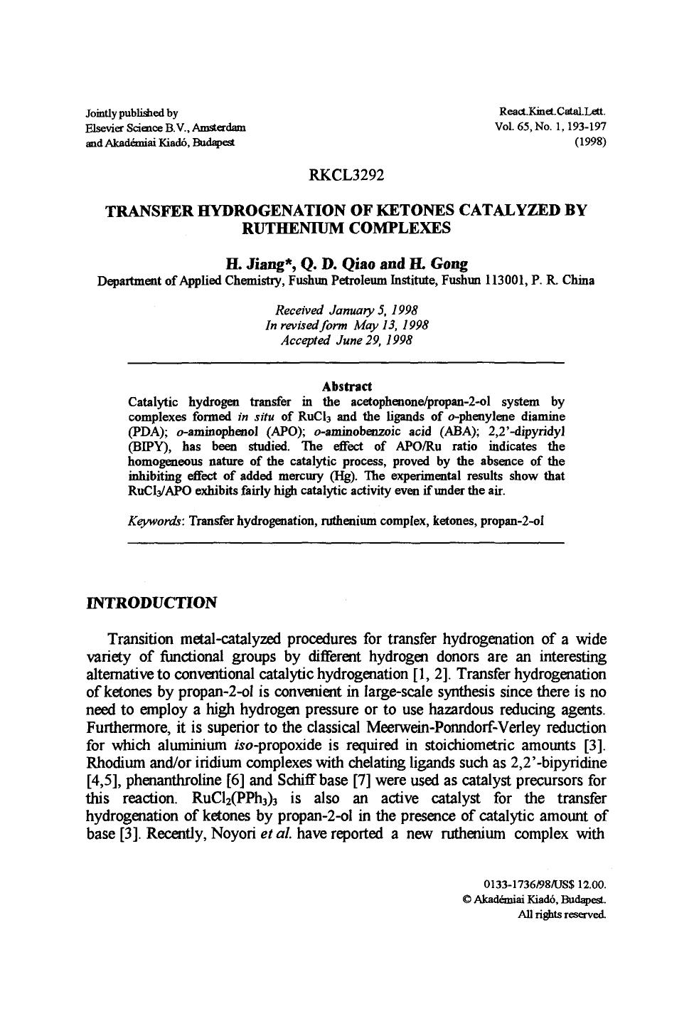 Transfer hydrogenation of ketones catalyzed by ruthenium complexes by Unknown