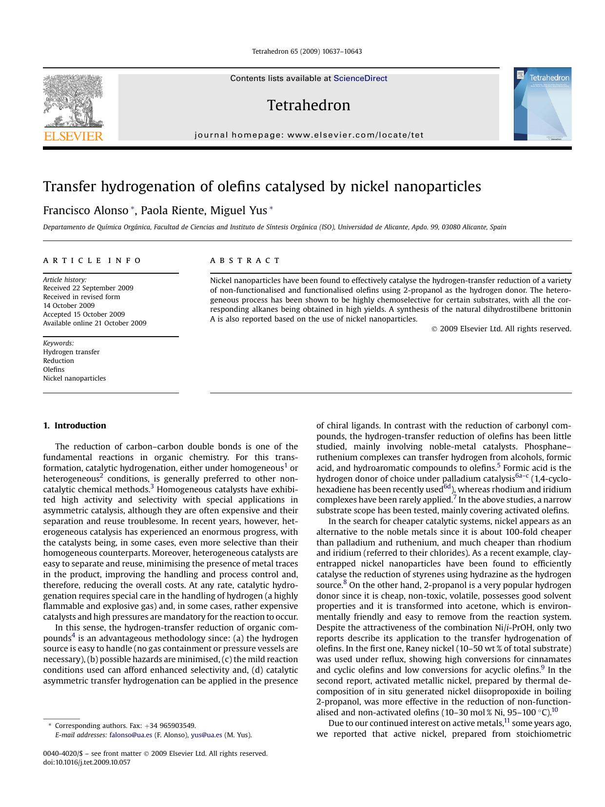 Transfer hydrogenation of olefins catalysed by nickel nanoparticles by Francisco Alonso; Paola Riente; Miguel Yus