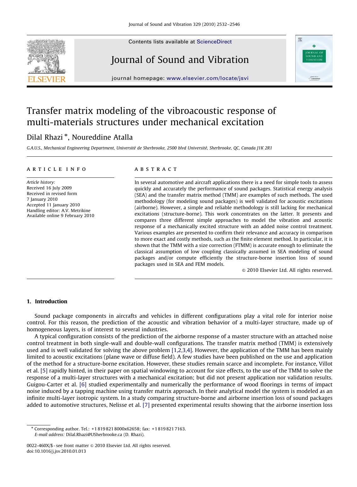 Transfer matrix modeling of the vibroacoustic response of multi-materials structures under mechanical excitation by Dilal Rhazi; Noureddine Atalla