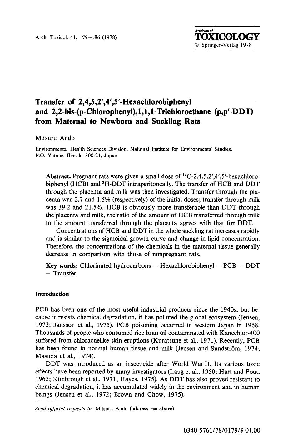 Transfer of 2,4,5,2&#x2032;,4&#x2032;,5&#x2032;-hexachlorobiphenyl and 2,2-bis-(p-chlorophenyl),1,1,1-trichloroethane (p,p&#x2032;-DDT) from maternal to newborn and suckling rats by Unknown