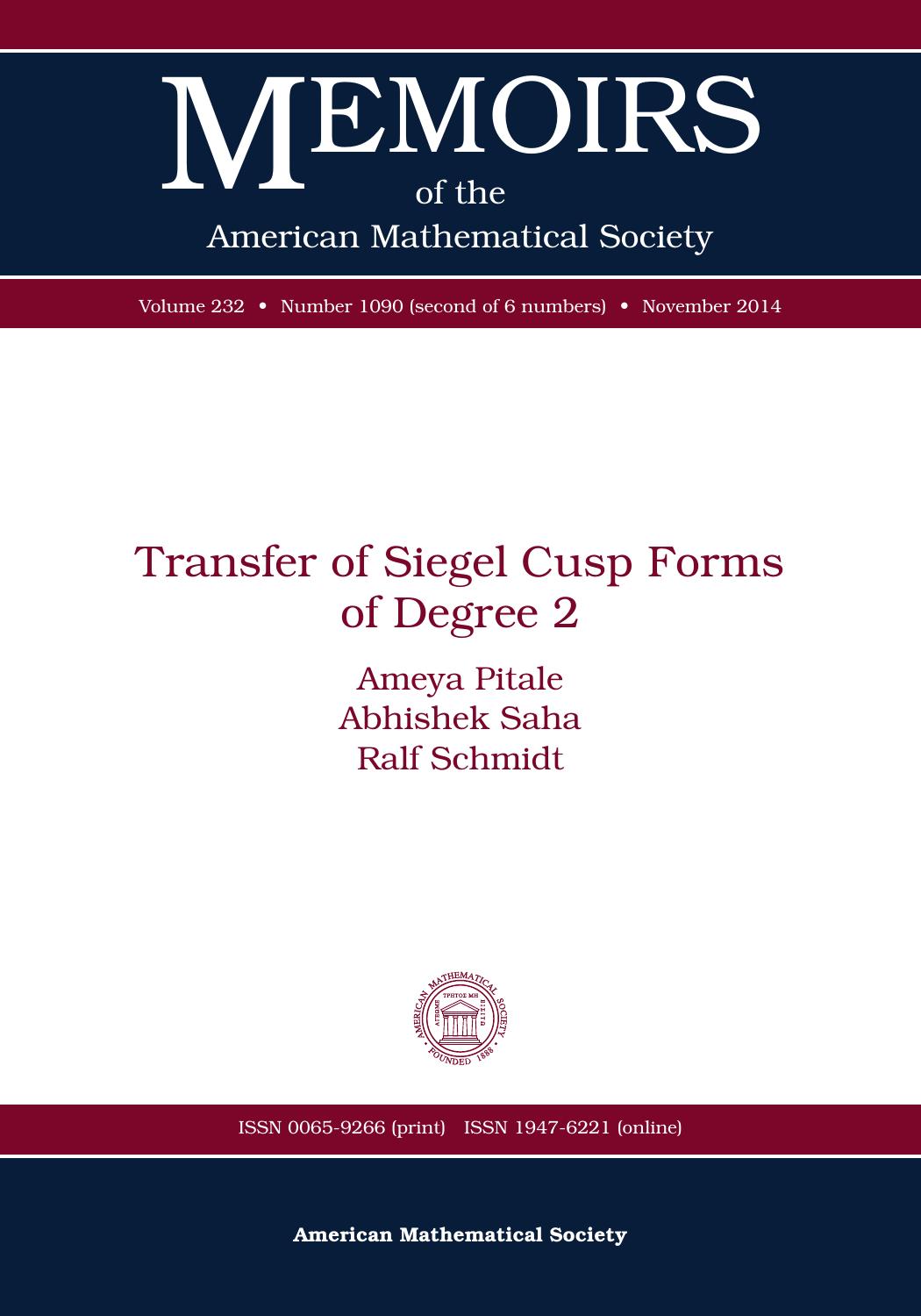 Transfer of Siegel Cusp Forms of Degree 2 (Memoirs of the American Mathematical Society) by Ameya Pitale