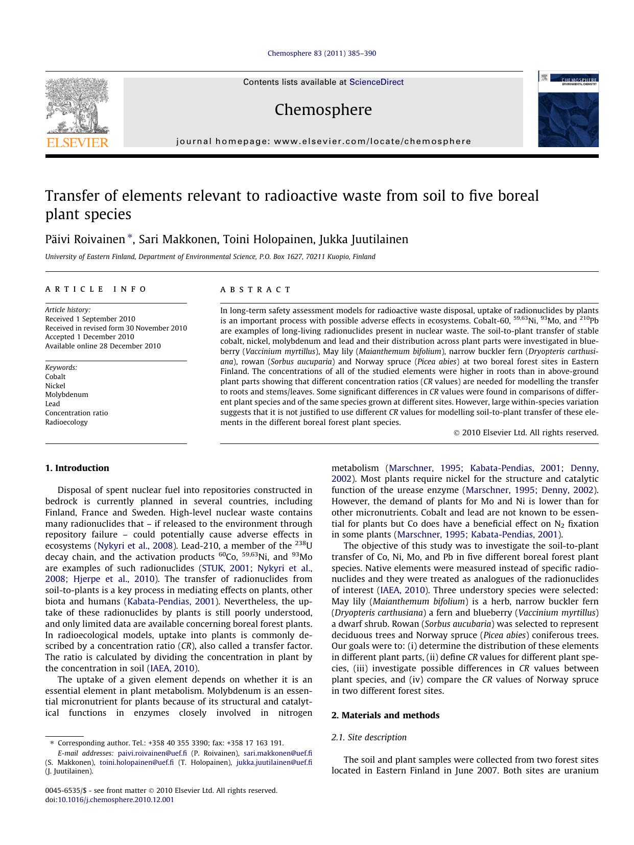 Transfer of elements relevant to radioactive waste from soil to five boreal plant species by PÃ¤ivi Roivainen & Sari Makkonen & Toini Holopainen & Jukka Juutilainen